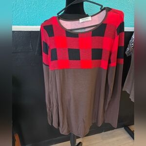 Zanana Red and Brown Plaid Long Sleeve Top